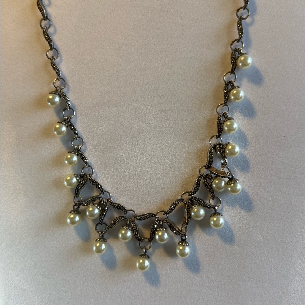 Vintage Sterling Silver Statement Necklace Marcasite W/ Pearls 18 1/2” 32 Grams